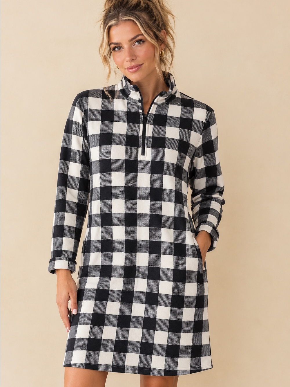 Lands' End Black and Ivory Buffalo Check Quarter-Zip Warm Fleece Mini Dress